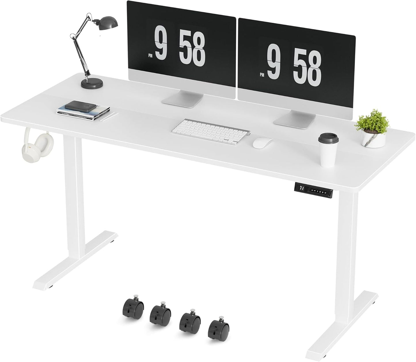 Furmax Electric Standing Desk, 59 x 24 Inches Height Adjustable Desk with Wheels, Home Office Computer Desk with Management Box (White)