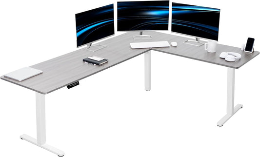 VIVO Electric Corner L-Shaped 84 x 63 in Standing Desk, Memory Height Adjustment, Dark Gray Top White Frame, DESK-E3CTWG-84