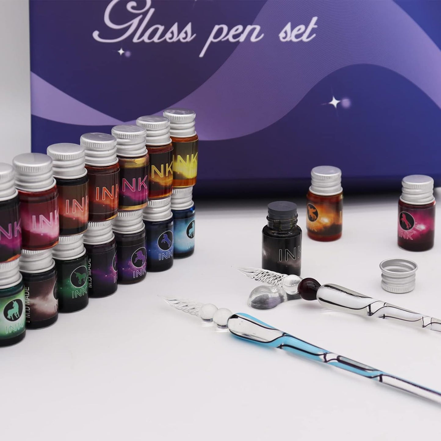 Glass Dipped Pen Ink Set Handmade Crystal Calligraphy Pen with 24Colorful India Ink for Art, Signatures, Drawing, Decoration, Caligraphy Kits for Beginners