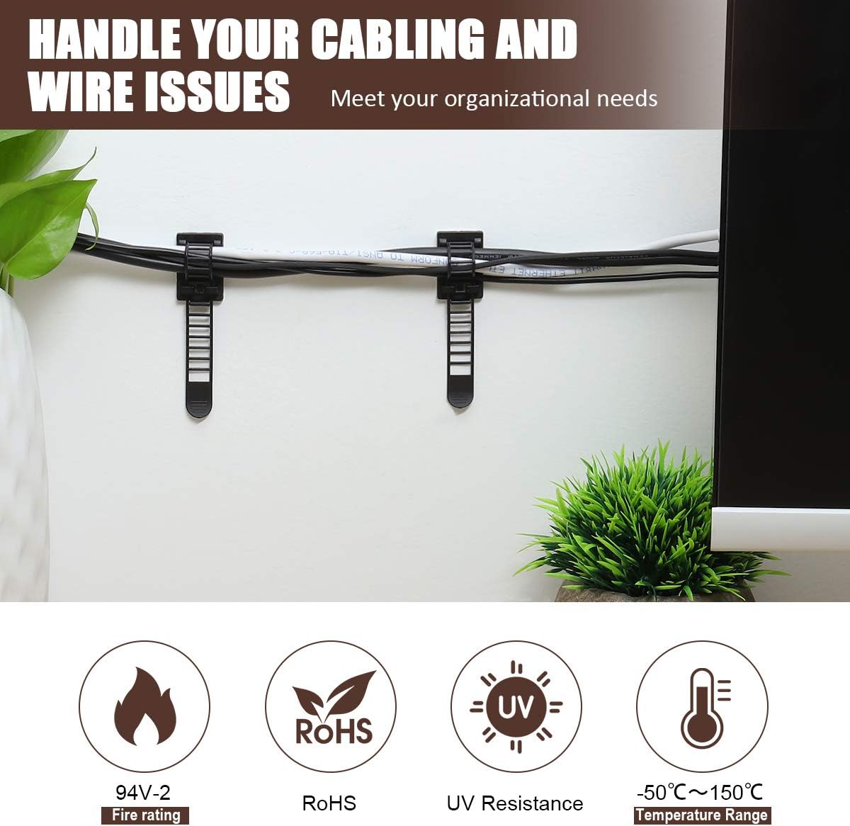 Adhesive Cable Management Clips, 100Pcs Adjustable Nylon Cable Strap Ties Wire Clips Clamps Organizer with Strong Adhesive Tape, Extra Screw & Hole for Strong Fixation Home Office - 3.35 Inch Black