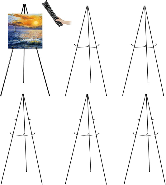 63" Tall Display Easel Stand for Wedding Sign Poster, Foldable and Adjustable Floor Metal Easels for Display Painting Arts,with Portable Bag,Holds 5 LBS (Black,6Pack)