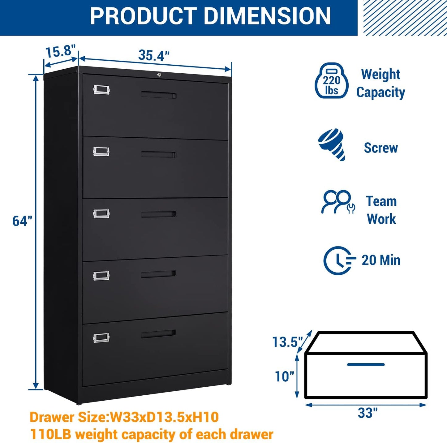 Lateral File Cabinet with 5 Drawers - Metal Steel Filling Cabinets for Home Office - Lockable Storage Cabinet for Hanging Files Letter/Legal/F4/A4 Size-Assembly Required