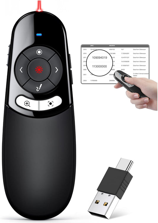 2 in 1 USB Type C Spotlight Presentation Clicker, Advanced Digital Highlighting Magnifier Wireless Presenter for for LED LCD, 2.4GHz PowerPoint Presentation Remote