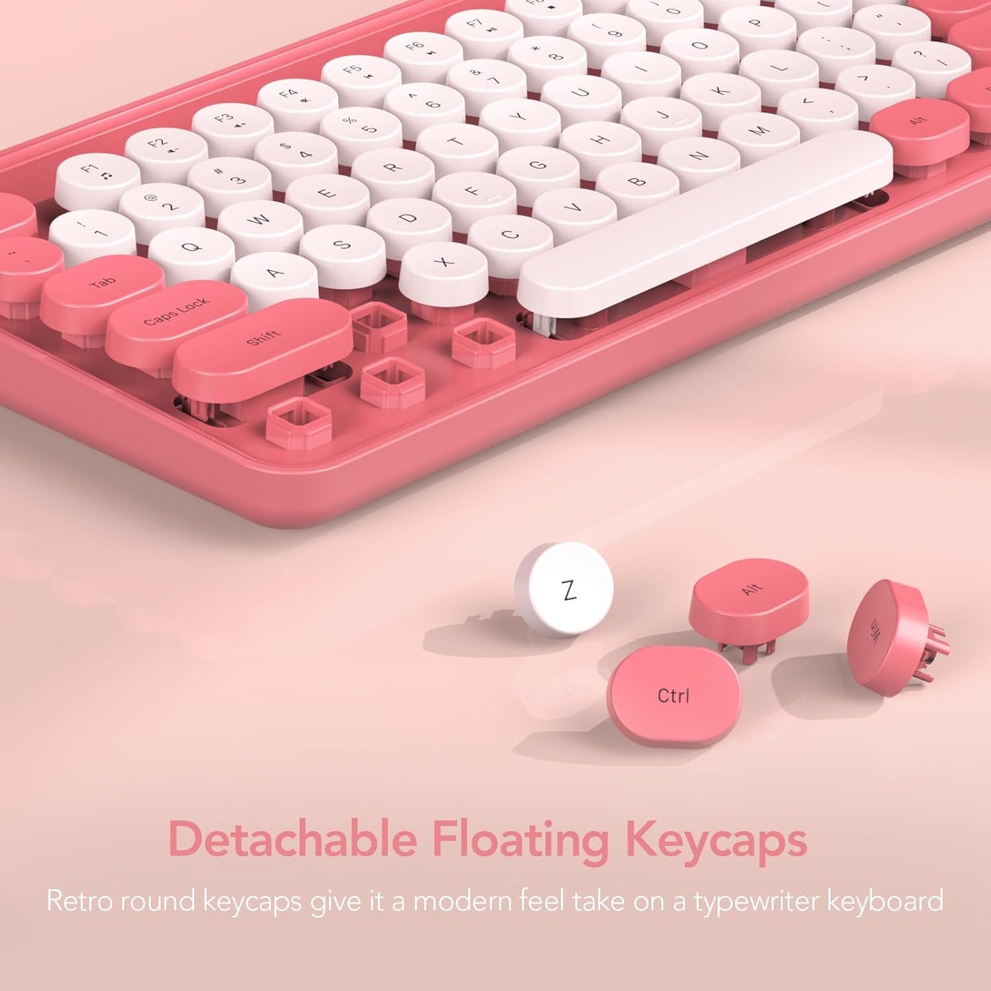 Wireless Keyboard and Mouse Combo, Retro Round Keycap Typewriter Keyboard with Phone/Tablet Holder, Cute Colorful Keyboard for Computer/Laptop/Windows by SABLUTE (Pink)