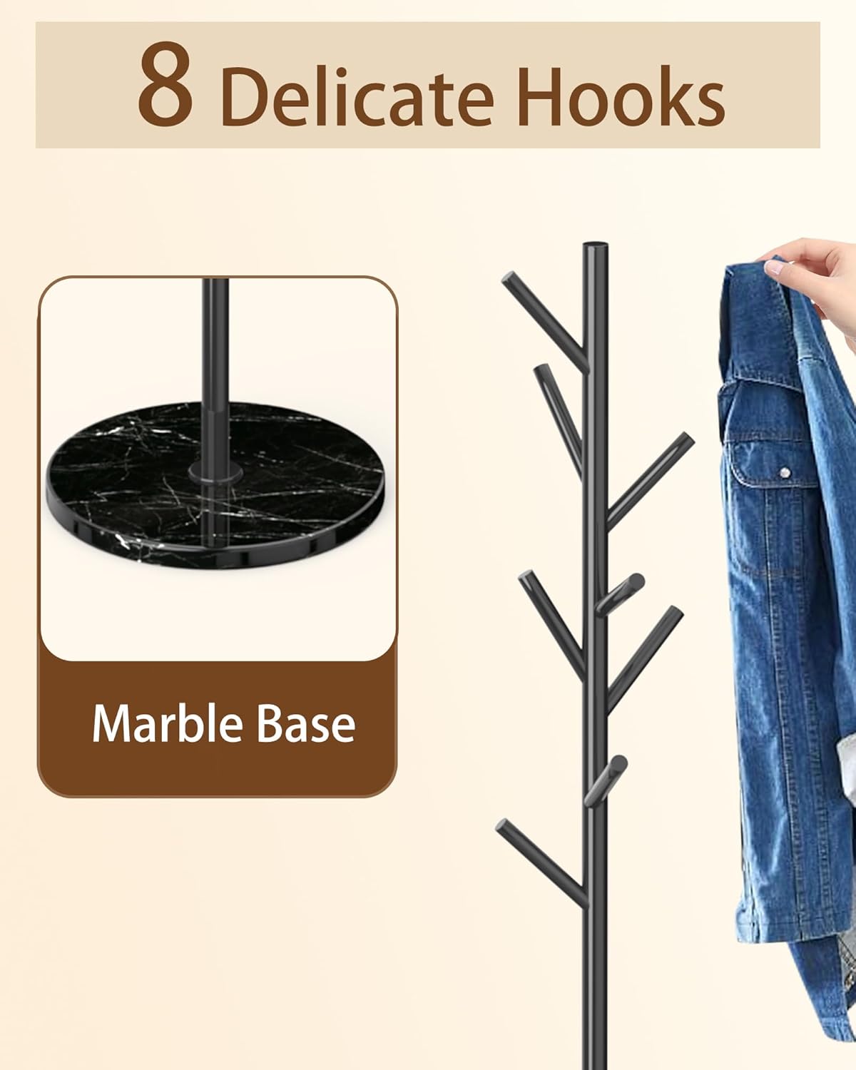 EZIVIEZ Modern Coat Rack Stand, Metal Freestanding Coat Rack with Natural Marble Base, Black Coat Racks with 8 Hooks and Coat Hanger Tree Jacket Stand for Office, Entryway, Hallway