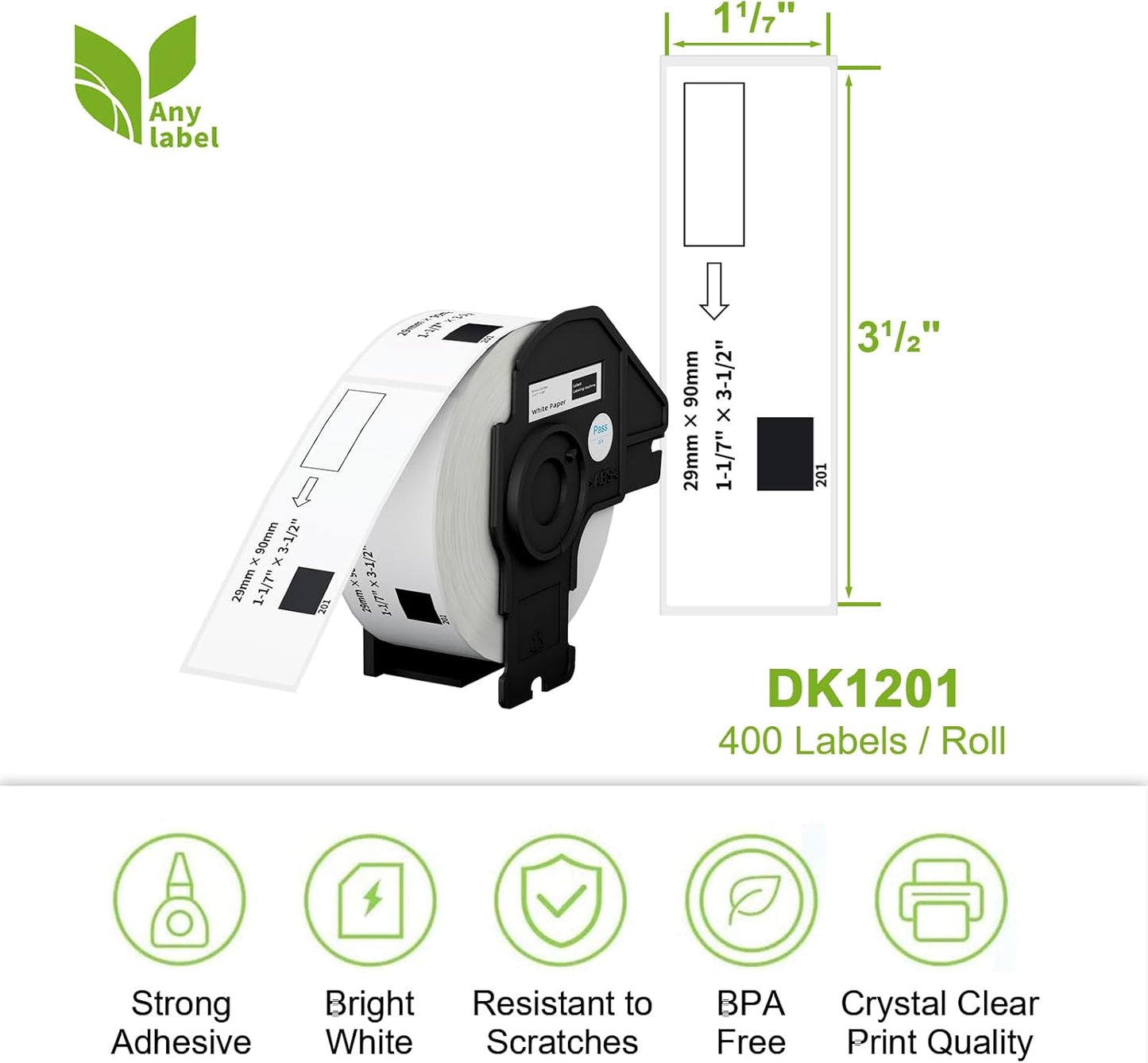 Compatible Standard Address Labels Replacement for Brother DK-1201 (1.1" X 3.5”), Use with Brother QL Label Printers (12 Rolls + 1 Reusable Cartridge, 400 Labels/Roll)