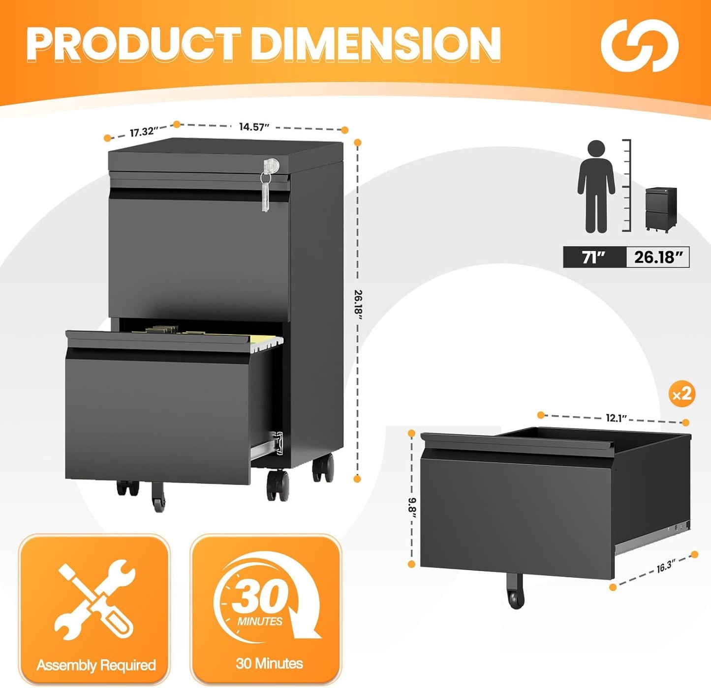 2 Drawer File Cabinet, Fully Assembled Mobile File Cabinets with Lock, Metal Rolling Filing Caninet on Wheels, Small Two Drawer Under Desk Cabnet for Letter/Legal / A4 / File Box - Black