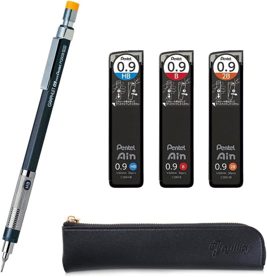 Graphlet Mechanical Drafting Pencil + Ain HB/B/2B leads, original Black slim pen case (0.9mm)