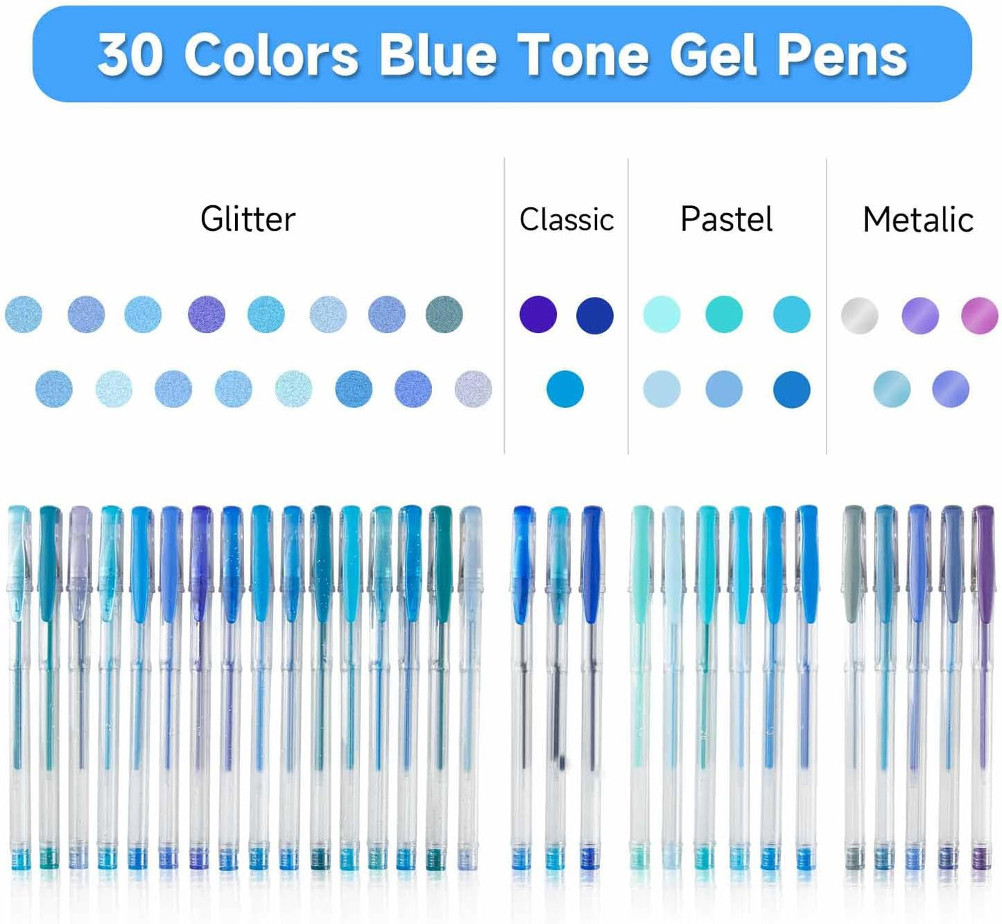 Shuttle Art 60 Pack Blue Tone Gel Pens, 30 Blue Tone Gel Pens with 30 Refills for Adults Coloring Books Journaling Drawing Nature, Landscapes, Animals Scenes