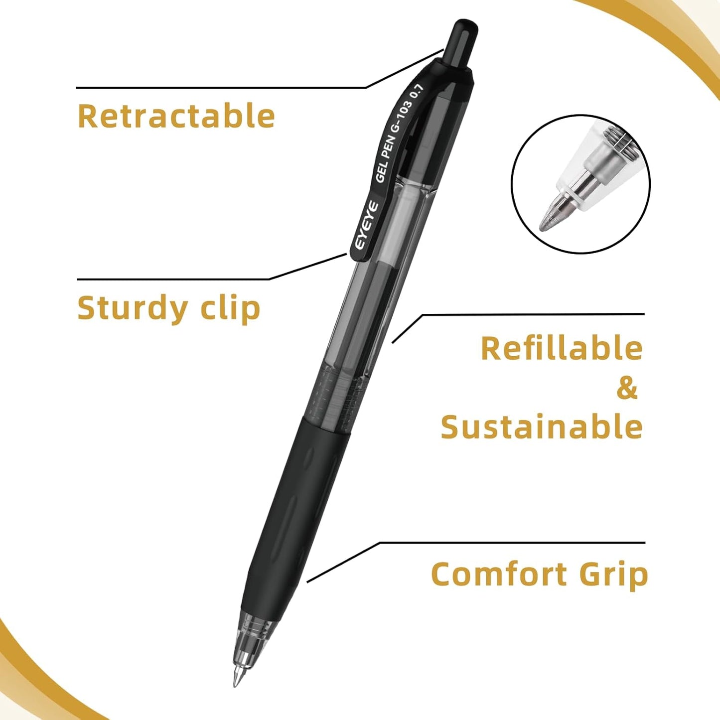EYEYE G-103 Retractable Gel Pens Black 0.7mm, 50 Pack Medium Point Gel Ink Pens Quick Drying, 0.7 mm Fine Piont Ballpoint Pen Smooth Writing for Office School Supplies