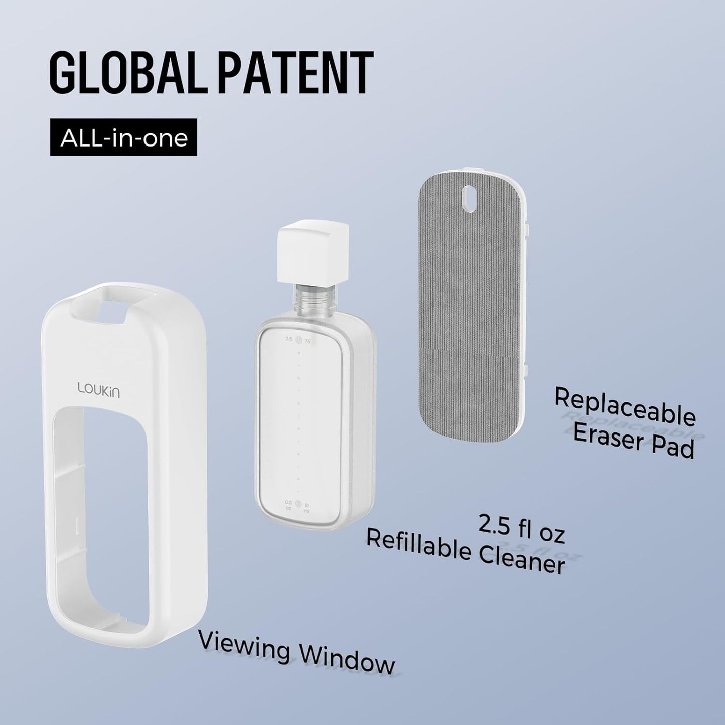 loukin Inventive All-in-One Dry Erase Eraser, Novel Replaceable Whiteboard Eraser with Built-in Cleaner, Unique Glass Board Erasers, Includes 2 Refill Pads, 1 Magnetic Holder, 2 Markers