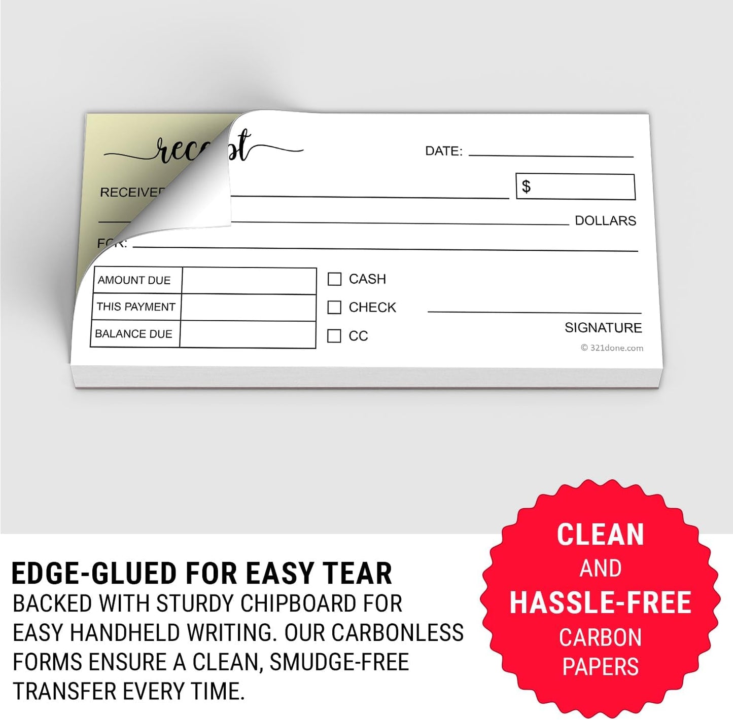 321Done Receipt Book 2-Pack, 2.75x6 Pocket Size 2-Part Carbonless, Made in USA, Cute Handheld Duplicate Copy Order Form for Craft Boutique Business (50 Sets) White/Yellow