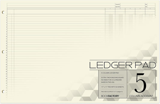 BookFactory Ledger Pad/Large 5 Column Accounting Ledger Columnar (Five Columns) Pads - 17'' x 11'', 50 Pages, Notepad Landscape Format (PAD-050-CLCPD3(17x11-Ledger-5)-AX)