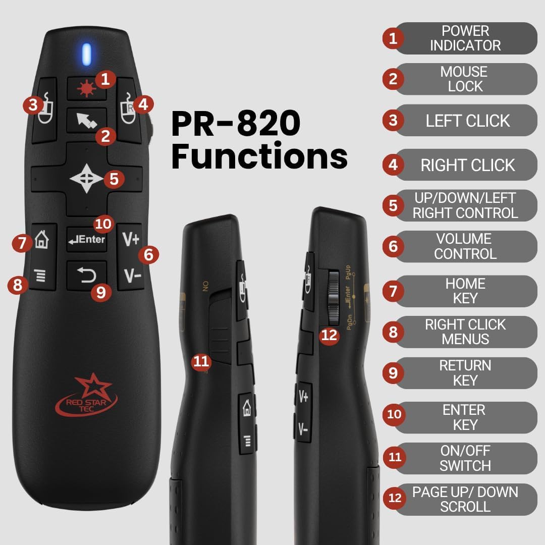 PR-820 Wireless Presentation Clicker with Laser Pointer, PowerPoint Clicker with Air Mouse, Remote for Slideshows, Google Slides, Keynote & Smartboards, Mac/PC Compatible