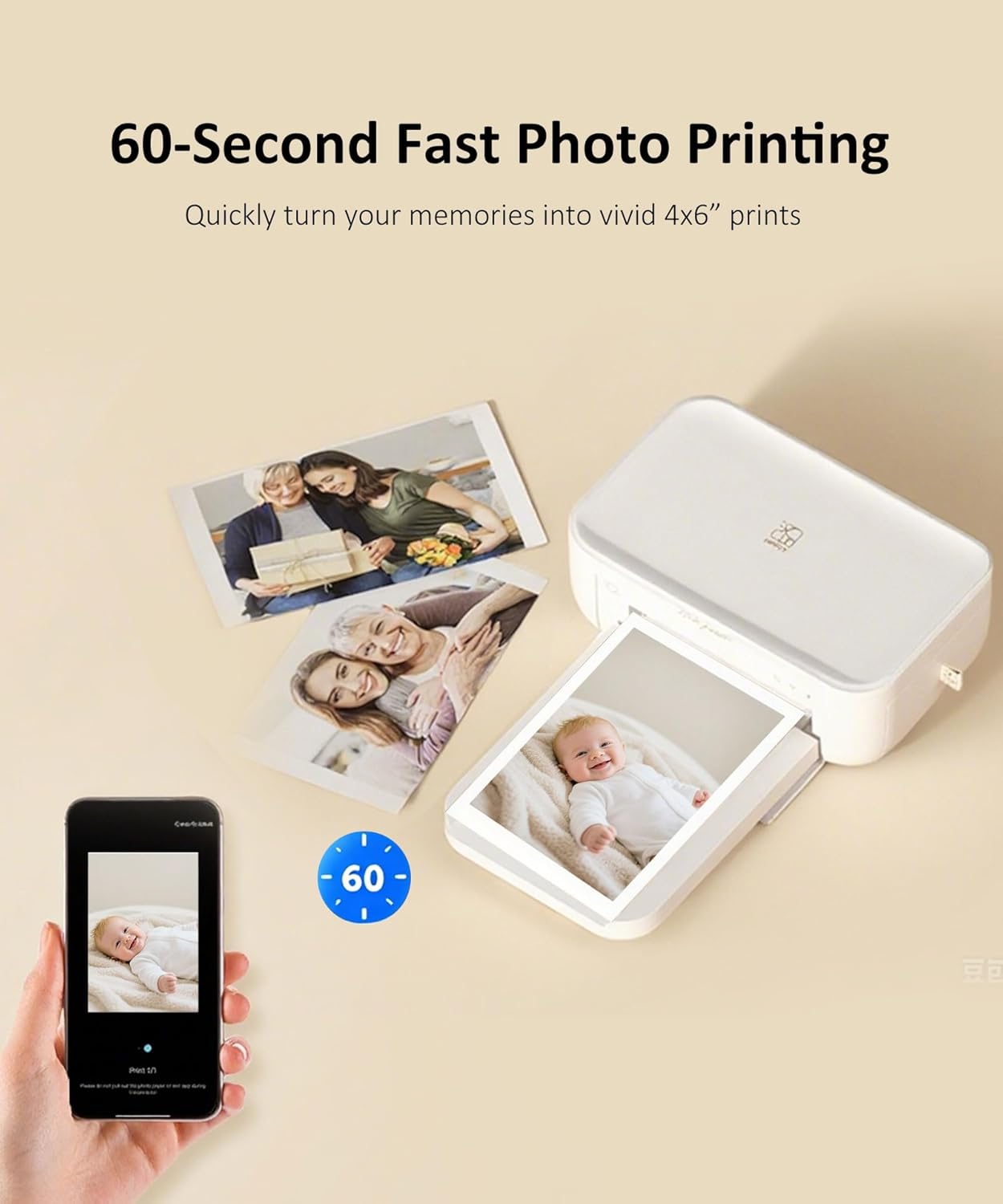 CP4100 4x6 Photo Printer with 108 Sheets & 2 Ribbons, Full-Color Thermal Dye Sublimation Wi-Fi Printing, Portable Instant Picture Printer for iPhone/Android, AR Video, Fun App, Home Use, White