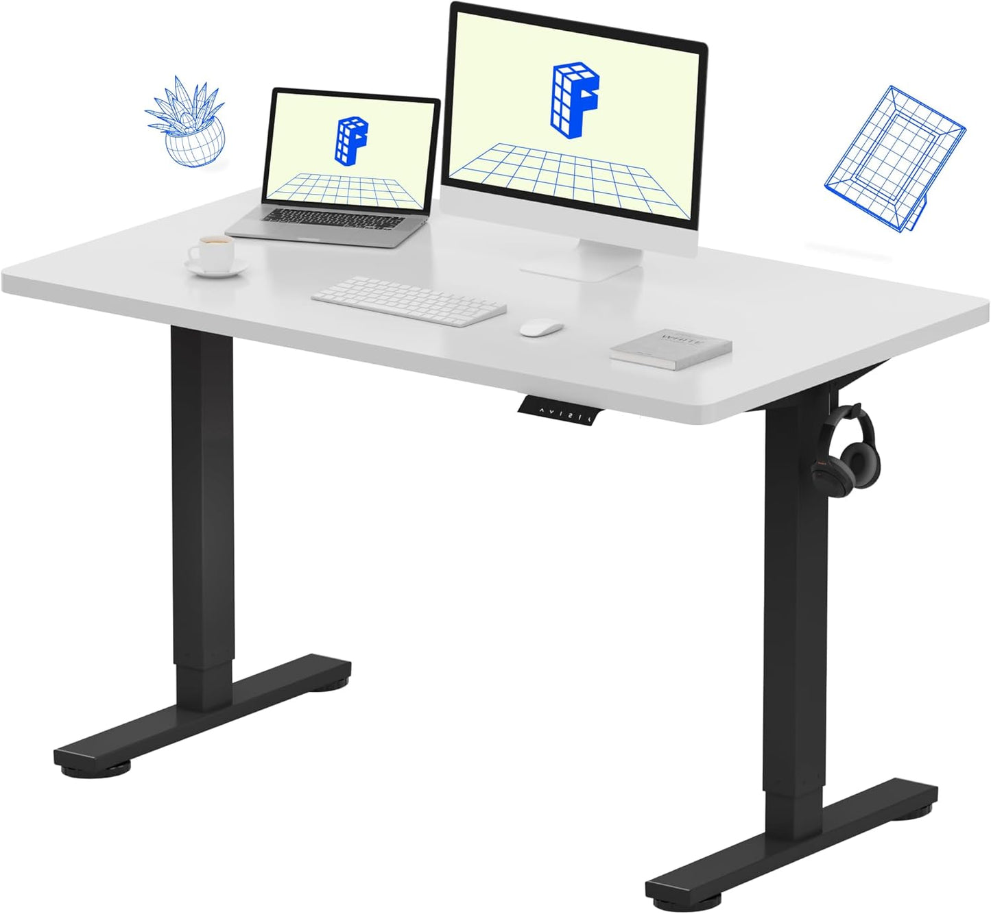 FLEXISPOT EN1 Whole-Piece Standing Desk 48 x 24 Inches Height Adjustable Electric Desk Sit Stand Desk Home Office Desks (Black Frame + White Table Top, 2 Packages)