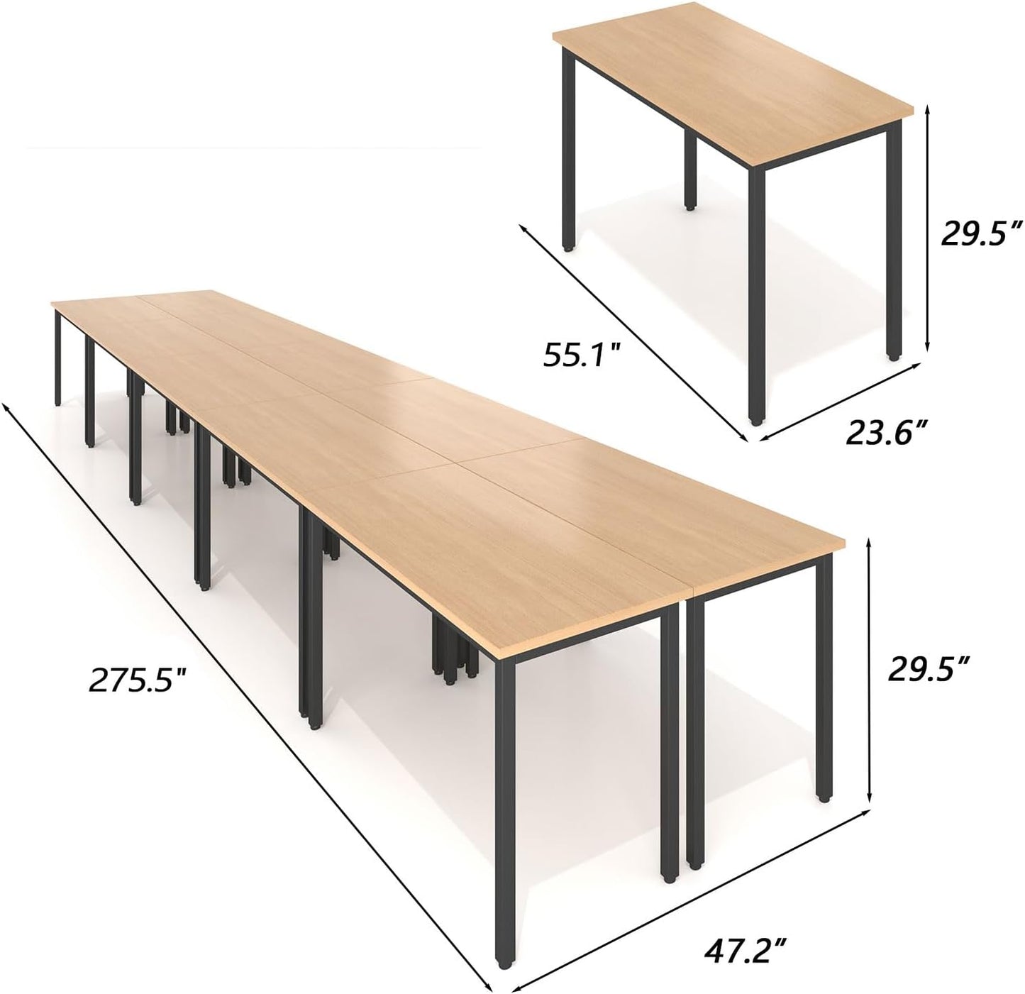 Bonzy Home Conference Tables 23ft Office Computer Desk for Meeting Room Classroom Writing Printer Podcast Table for 24 People, 10PCS 275.5"x47.2"x29.5", Natural