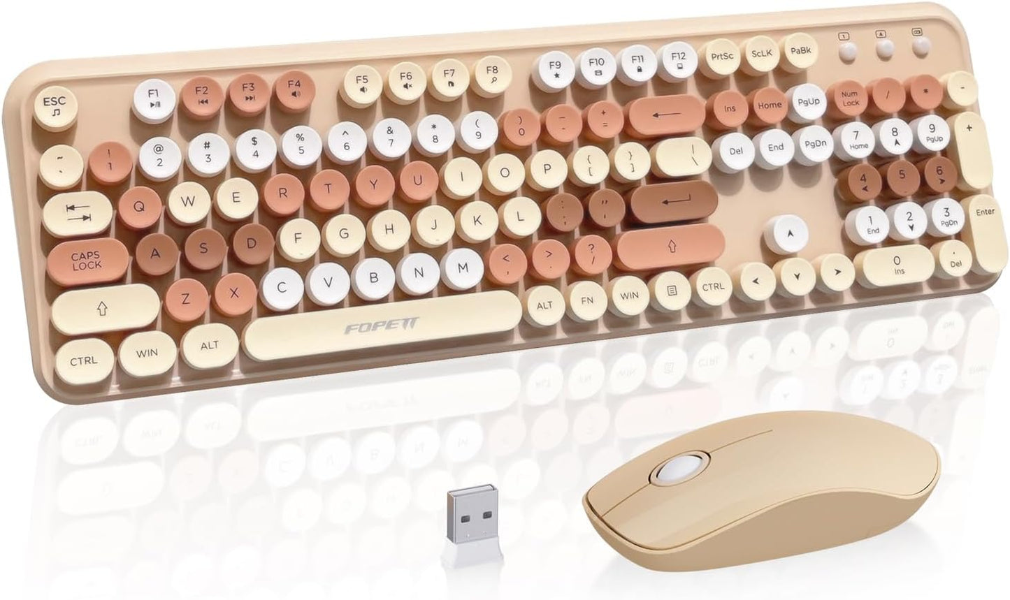 Cute Retro Wireless Keyboard and Mouse Combo with Round Key, 2.4Ghz Dropout-Free Connection, Typewriter Wireless Keyboard and Mouse Set for PC, Laptop, Desktop Computer - Brown Colorful