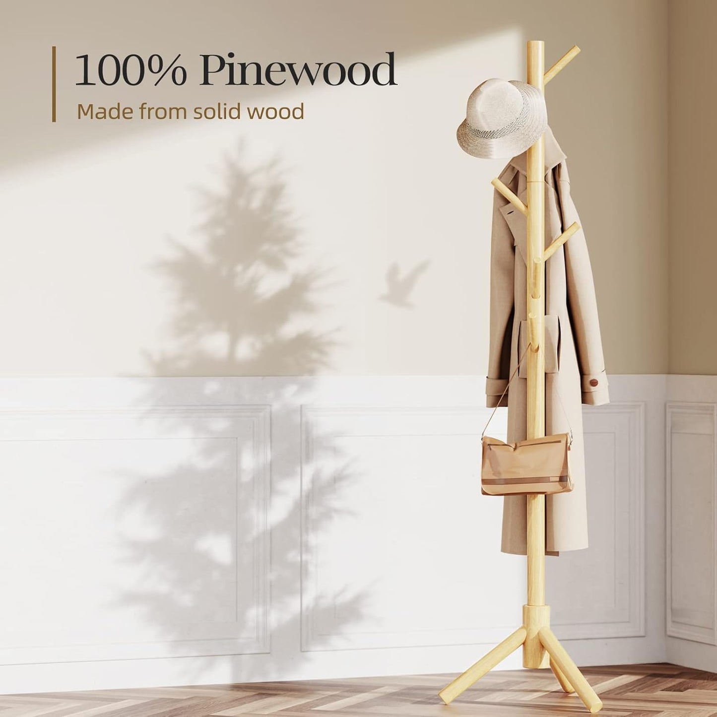 Pipishell Coat Rack Sturdy Wooden Coat Rack Stand, Adjustable Coat Tree, Free Standing Tree Hanger with 4 Sections & 8 Hooks, for Home/Bedroom/Office/Hallway/Entryway