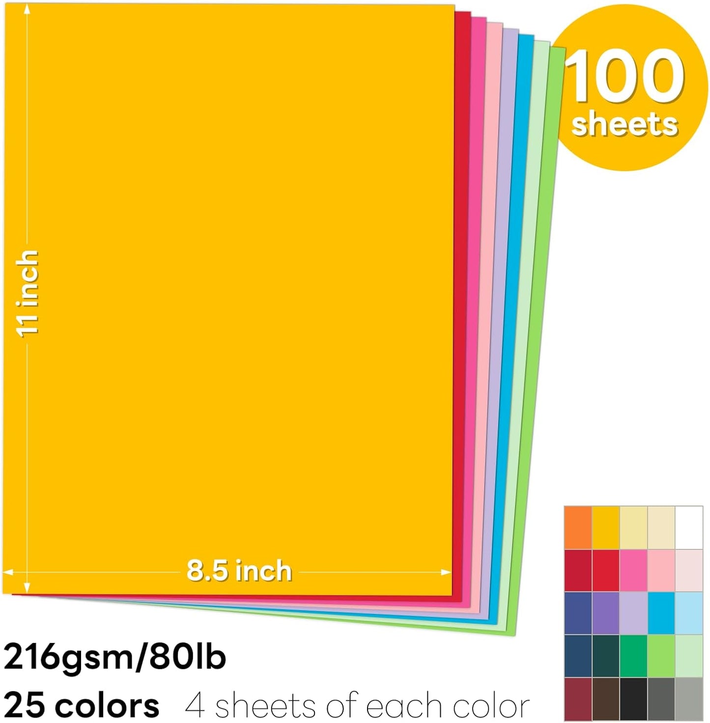 Colored Cardstock 8.5 x 11 Assorted, 100 Sheets Goefun 25 Colors Colored Copy Paper, 80lb Construction Paper Color Paper for Crafts & Scrapbooking