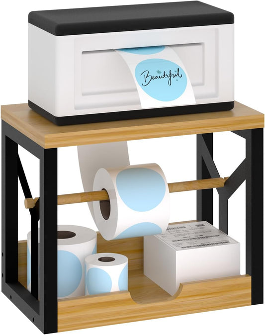 AO LI GEI Label Holder for Rolls and Fan-Fold Labels,Wooden Thermal Label Roll Holder for Shipping Label Stand Desktop Printer Holder for Home Office Accessory Sticker Dispenser