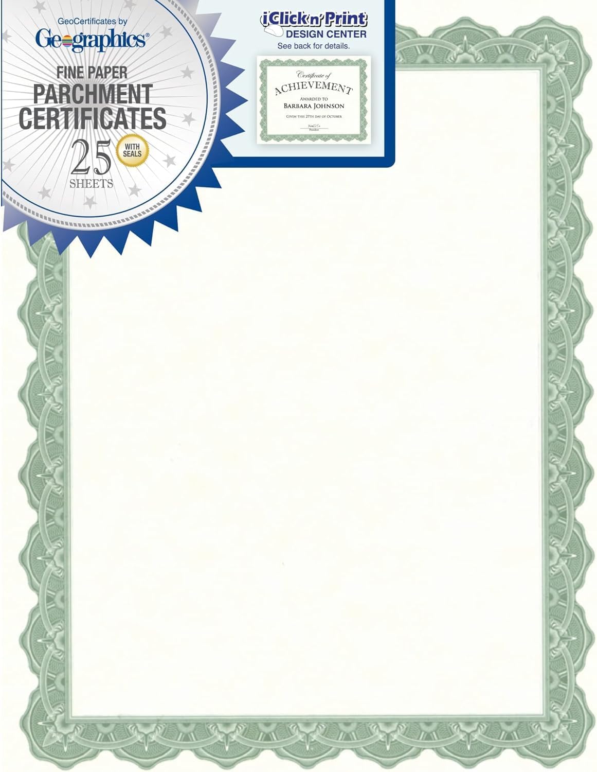 Optima Green Certificates with Gold Foil Seals, 8.5 x 11, Seal 1.75", Pack of 25 (39452S)