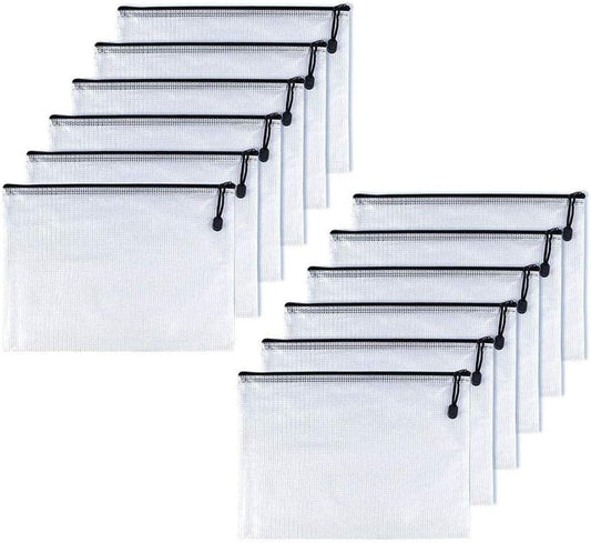 Oaimyy-A5(9"x 7",12 Pcs),Plastic Mesh Zipper Pouch Document Folders Bag & Zip File Folders for School Office Supplies, Travel,Puzzles Games Organizing Storage-Black