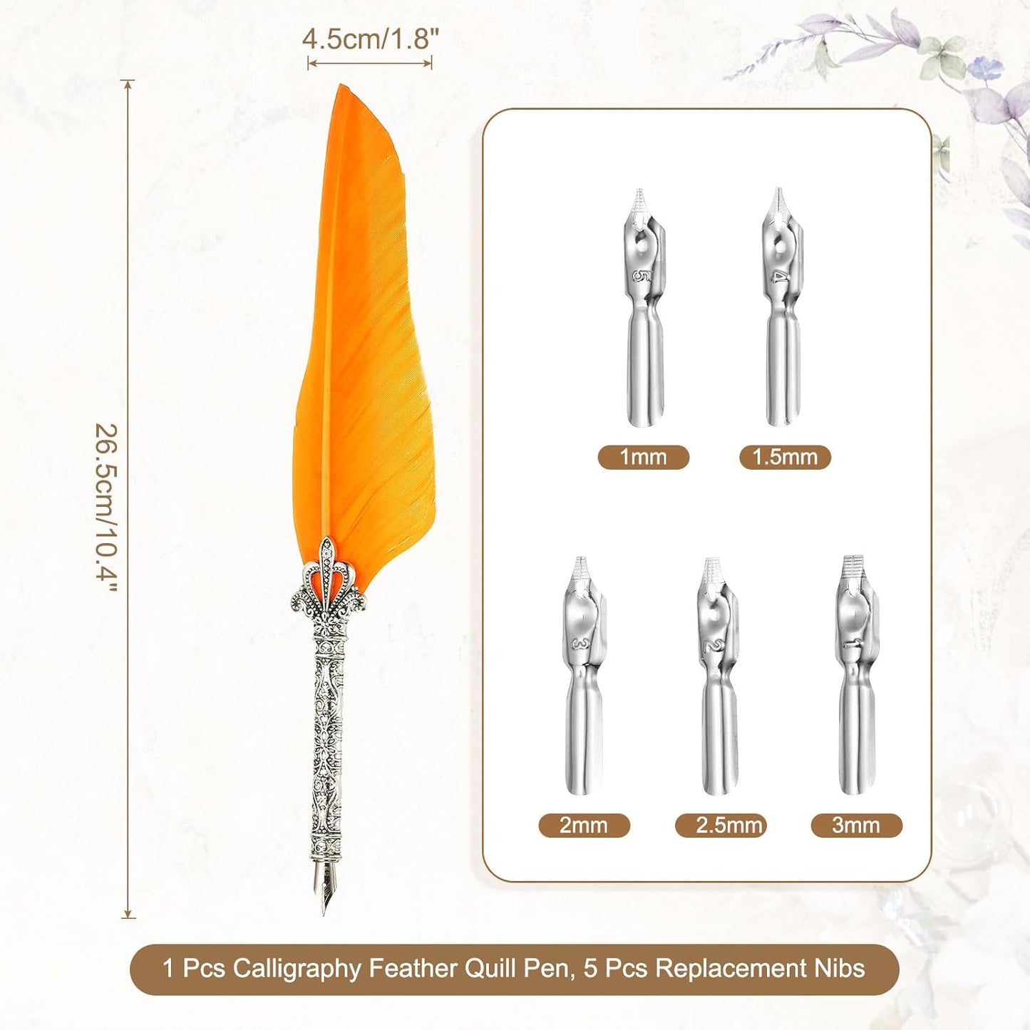 PATIKIL 26.5cm/10.4" Calligraphy Feather Quill Pen, Vintage Feather Dip Pen with 5 Replacement Nibs for Calligraphy Writing Wedding Office Gifts, Orange