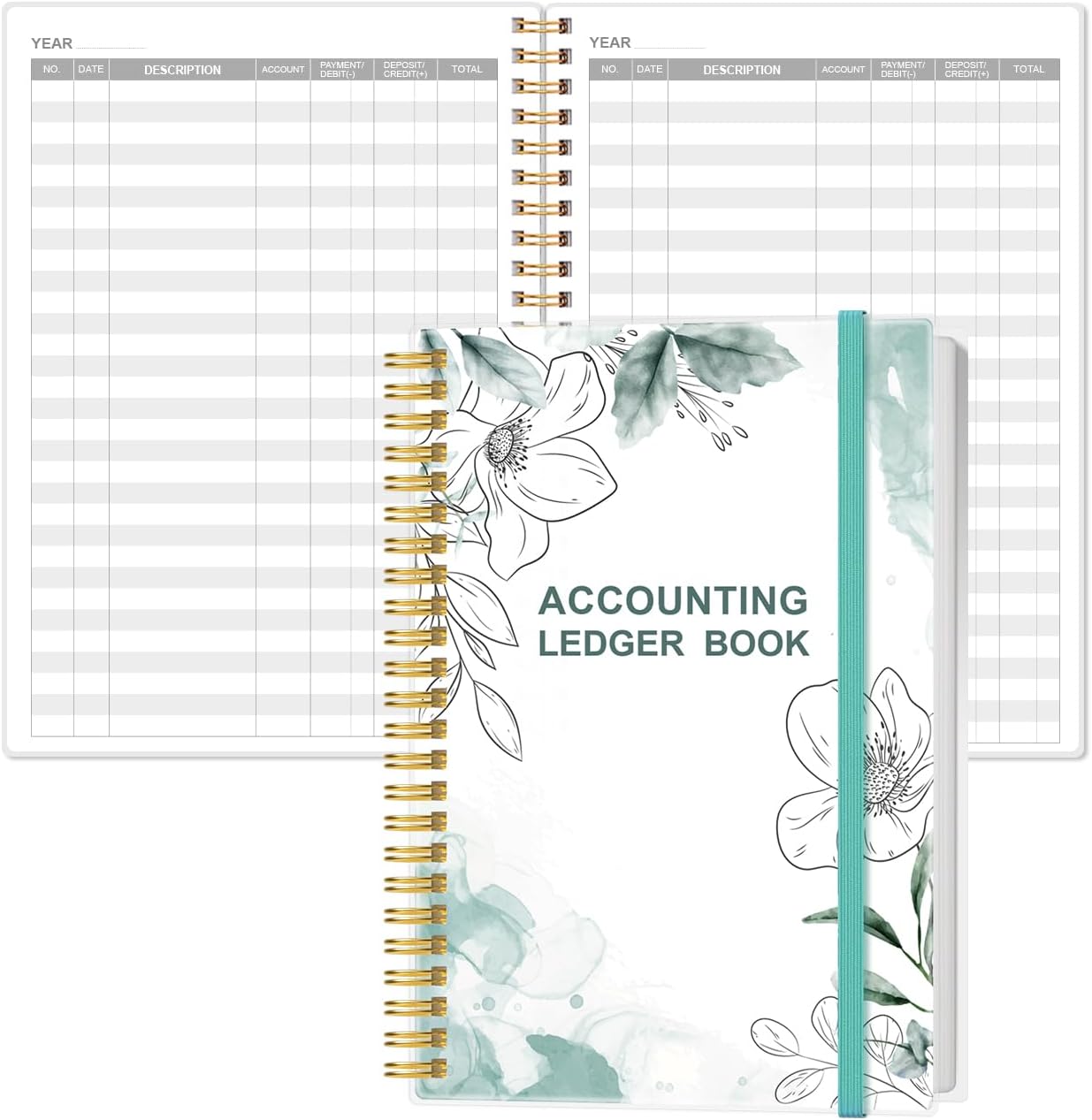 Accounting Ledger Book - A5 Ledger Book for Bookkeeping, Small Businesses & Personal Use, Expense Tracker Notebook for Tracking Money, Expenses, Deposits & Balance, 5.8" x 8.4", Blue Flowers