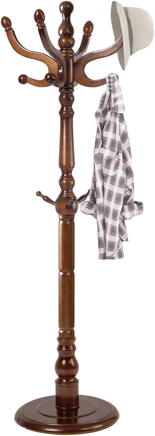 Wooden Coat Rack, Heavy Duty Coat Rack Freestanding with 11 Smooth Hooks, Coat Tree, Vintage Clothes Hanger Stand with Stable Disc Base for Bedroom, Entryway, Office-Load 180lbs (Walnut Brown)