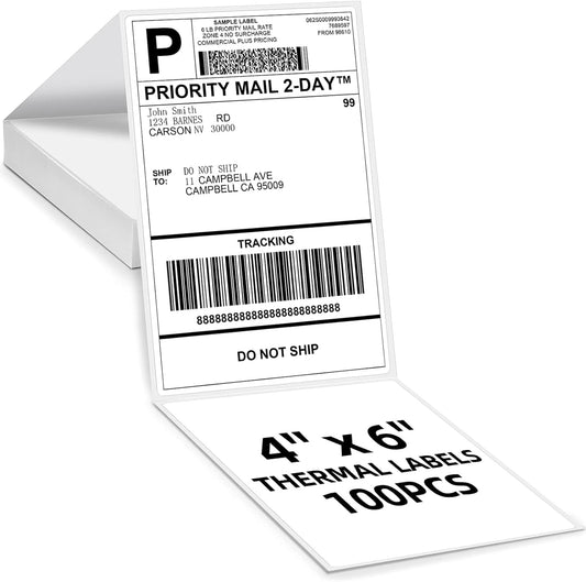 4x6 Thermal Labels, Pack of 100 4x6 Fold Thermal Labels - Compatible with JADENS, ASprink, Phomemo, Rollo, Zebra, Omezizy and Other Thermal Printers