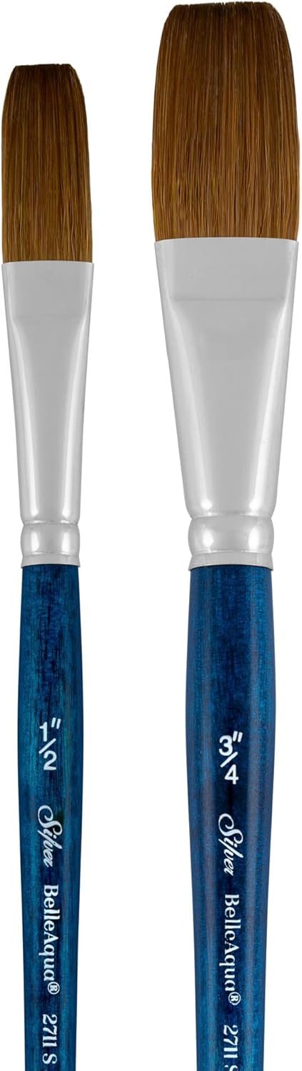 Silver Brush Limited BA-2760S BelleAqua Long Stroke Brush Set, 2pc Professional Watercolor Brush Set, Premium Soft Synthetic Red Sable Long Stroke Brushes Also for Gouache, Sizes 1/2 and 3/4 Inch