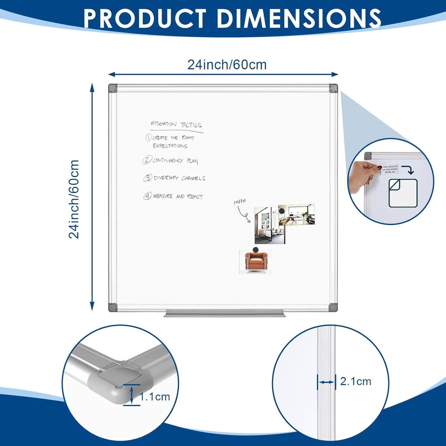 24"x24" Magnetic Whiteboard Wall Mount Dry Erase Board for Home Office, Dorm Room, Cubicle | Square White Board | Space-Saving White Board