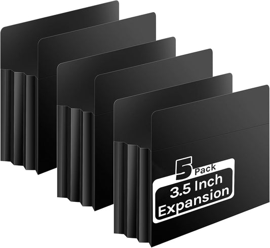 Ansook Plastic Expanding File Pockets,Heavy Duty with 3.5”Expansion,High Capacity Durable Accordion File Jacket,Letter Size,Poly Folder,Straight-Cut Tab, for Manila Folder,Bulk Archiving, 5 Pack,Black