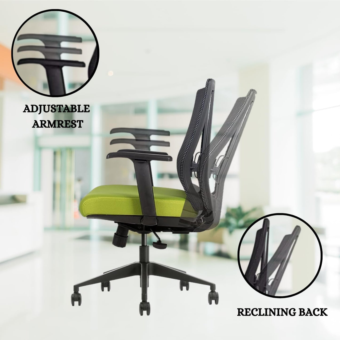 Ergonomic Office Chair - Breathable MESH - Back Adjustable Lumbar Support with 3-D ARMRESTS TILT Function and 360-DEGREE Swivel Wheels Comfortable Wide SEAT - Home Office Chair (Green) (Pack of 1)