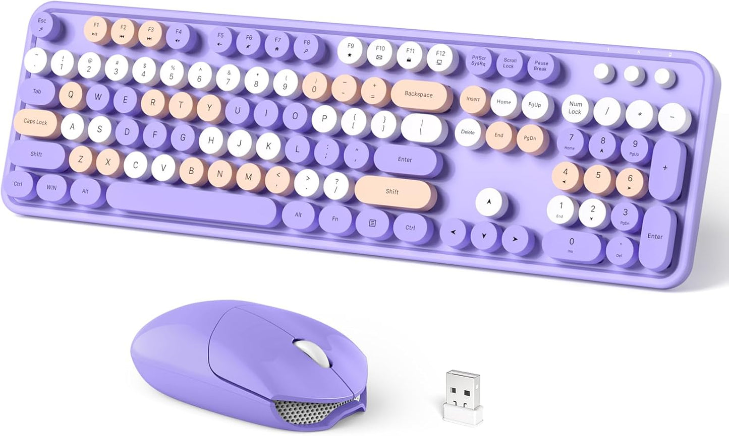 Wireless Keyboard and Mouse Combo, 104 Keys Full-Sized Typewriter Keyboards, 2.4 GHz USB Receiver Plug and Play, for Windows, PC, Laptop, Desktop (Purple Colorful)