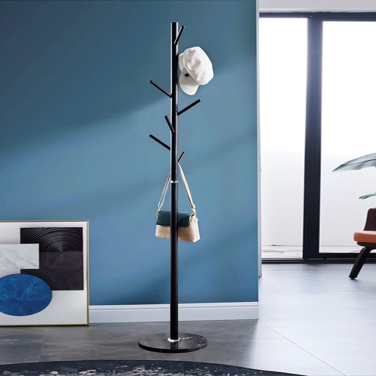 Kertnic Modern Coat Rack Freestanding with Natural Marble Base & Sturdy Metal Frame, 7 Hooks Hall Tree for Jackets, Hats, Bags, Entryway Organizer for Bedroom, Living Room, Closet (7 hooks-Black)