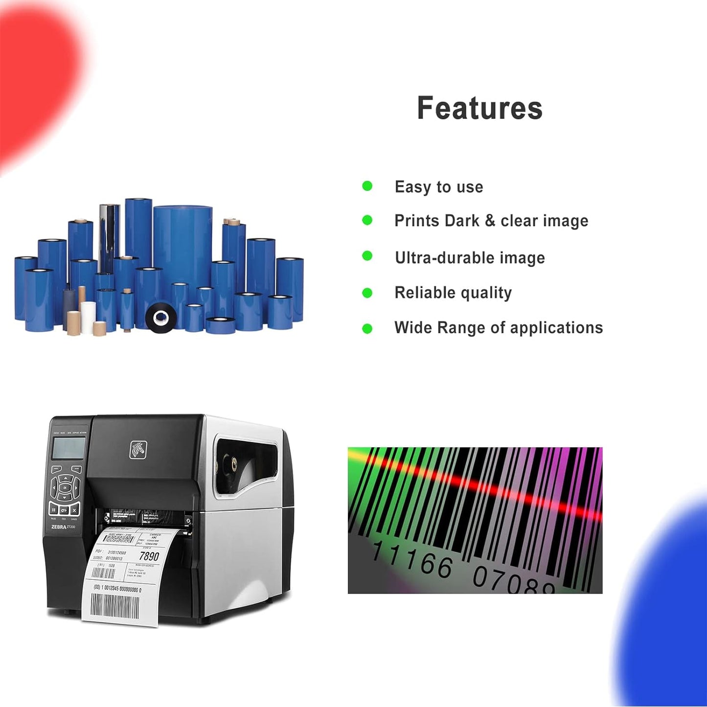 4 Rolls 6.5'' x 1476' Premium Resin Enhanced Wax Ribbon, 165mm x 450m Black Thermal Transfer Ribbon, Barcode Thermal Label Printer Ribbon, CSO-Ink Outside, 1'' Core for Zebra, TSC, GoDex, Citizen..