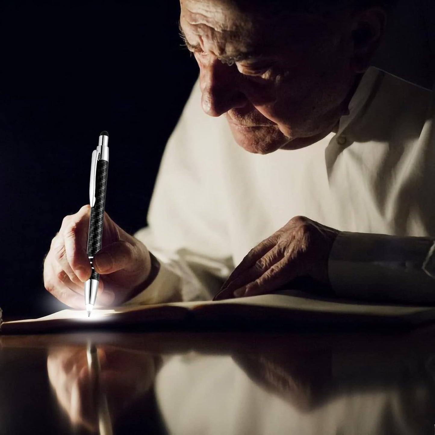 Glovion Lighted Tip Pen with Stylus 3-in-1 LED Penlight Light Up Pen Light Ballpoint Pen with Light for Writing in The Dark - Pack of 3 - White Light - GL006