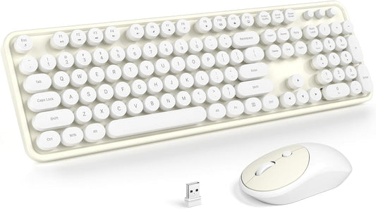 MOFII Wireless Keyboard and Mouse Combo, Computer Full Size 2.4G Plug and Play Wireless Typewriter Retro Round Keyboard and Mouse Set for Windows, Computer, Desktop, PC, Notebook - (Off White)