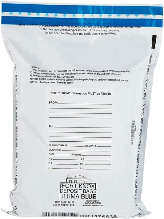 BankSupplies Ultima Blue White Deposit Bags | 12W x 16H | Case of 500 | Discreet, Opaque & Secure | Bank Deposit Bags | Tamper Evident Security | Easy to Use | Write-On Surface