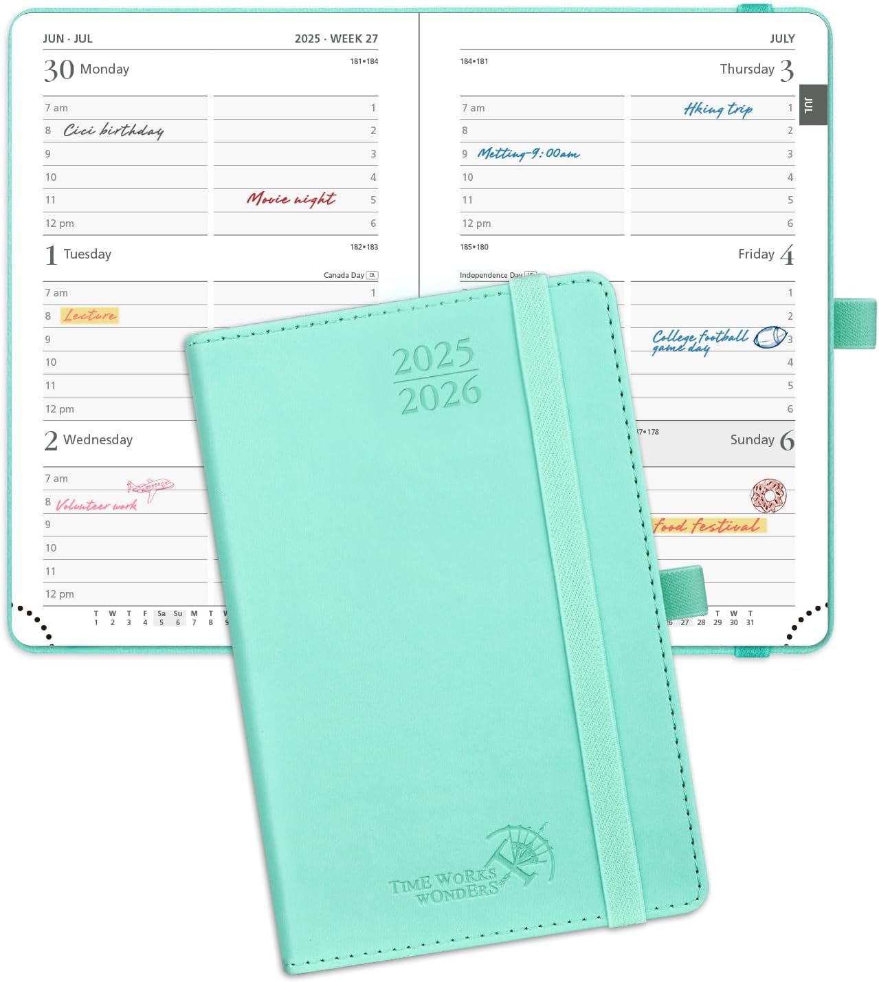 POPRUN Pocket Planner 2025-2026 (Purse Size 4'' x 6.25'') Academic Small Calendar (July 2025 - June 2026) with Hourly Time Slots, 100GSM Thick Papers, Leather Soft Cover - Green