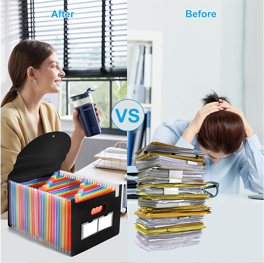 25 Pockets Accordion File Organizer Desktop Expanding File Folders with Colorful tabs for Paper Receipts, Bills&Taxes Organizer, Letter/A4 Size Document Holder for School, Office, Home
