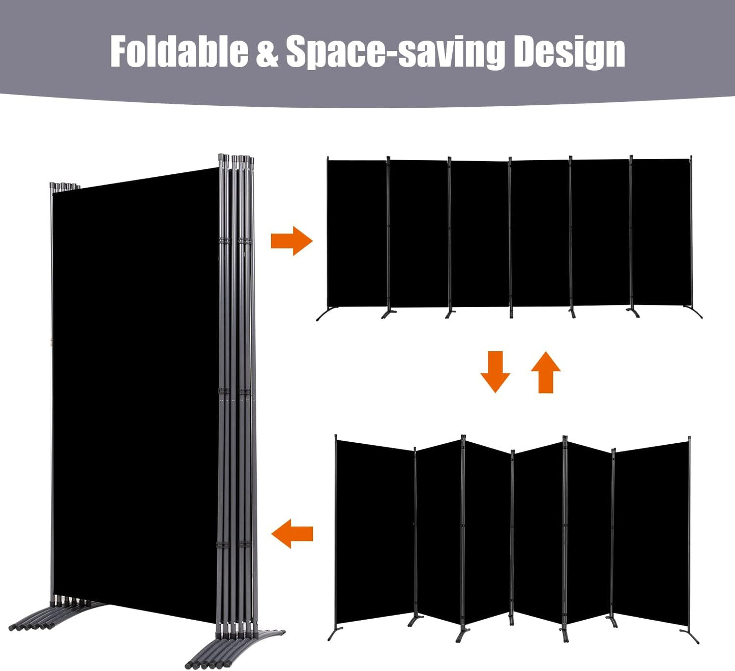 Room Divider 6FT Folding Privacy Screens, Partition Room Dividers w/Freestanding Design, Portable Wall Divider for Room Separtation, Fabric Screen Panel for Home Office Dorm (Black, 6 Panel)