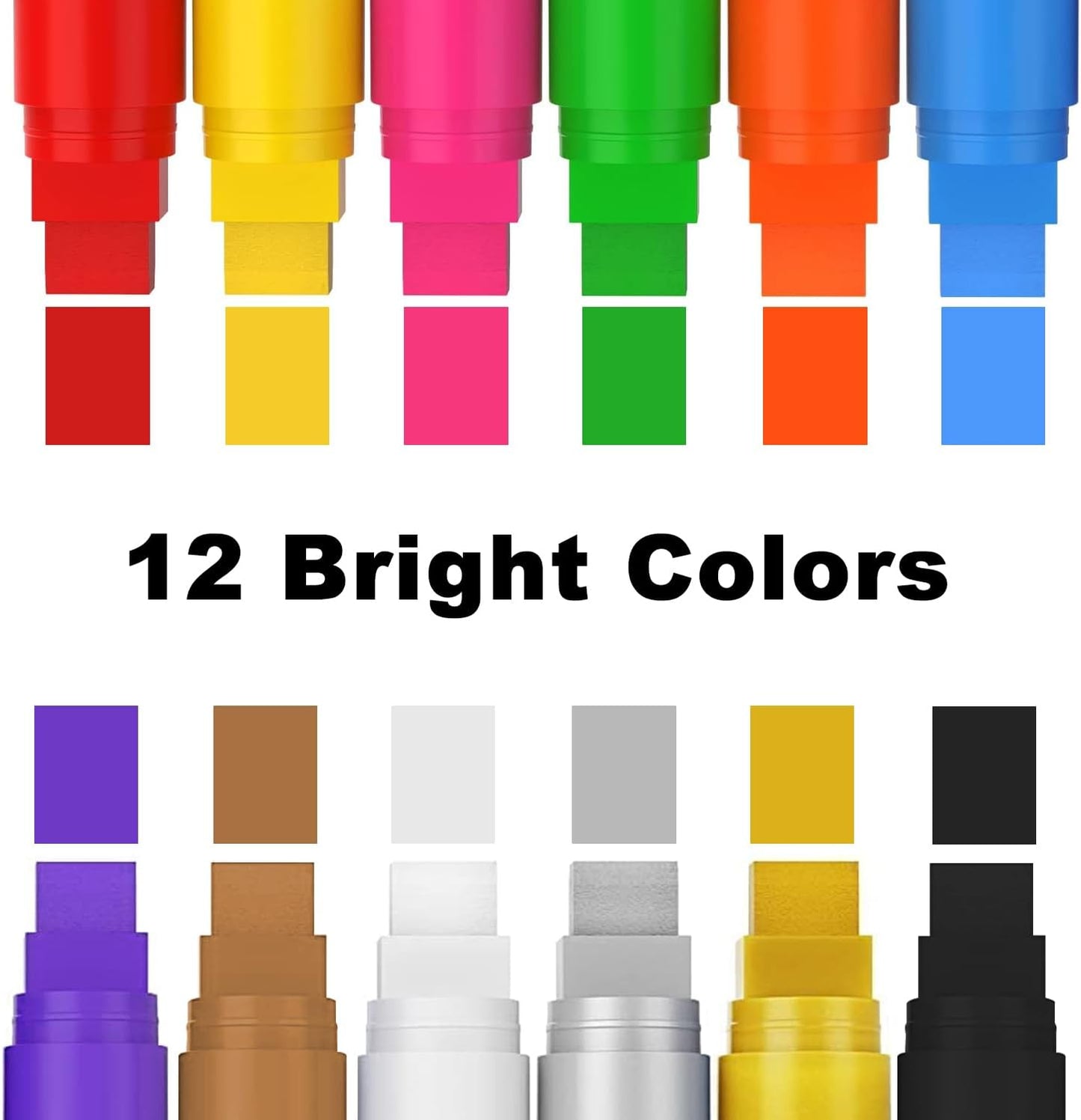 12 Colors Washable Window Markers for Cars, 15mm Jumbo Liquid Chalk Markers, 3 in 1 Nib, Metallic & Neon Paint Glass Pen for Auto, Chalkboard, Blackboard, Bistro, Menus and Any Non-Porous Surface