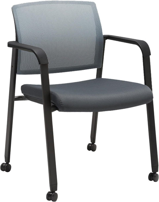 CLATINA Grey Waiting Room Chair with Wheels Mesh Back Stacking Arm Chairs with Upholstered Fabric Seat and Ergonomic Lumbar Support for Office School Church Guest Reception