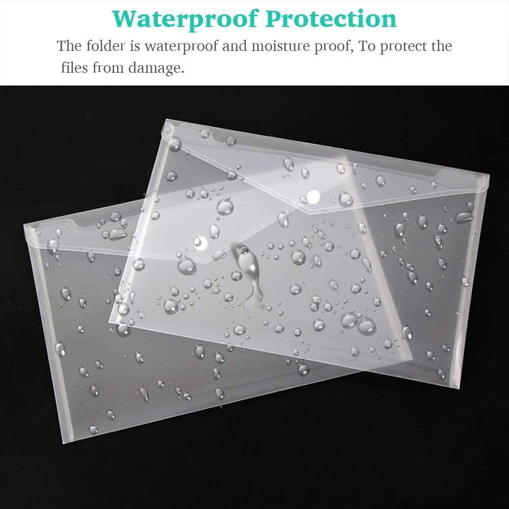 Clear Document Folders Transparent Filing Envelopes Waterproof Plastic Envelopes File Holder Filing Document Poly Envelope with Snap Button Closure for A4 Letter Paper Size (5 Pcs)
