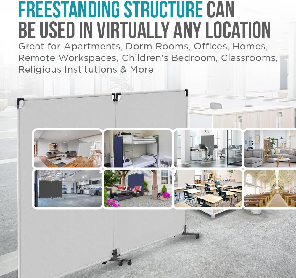 Steel-AID 50-inch Rolling Privacy Room Divider - Freestanding Office Wall Partition with Non See-Through Blackout Screen - Sturdy & Durable Iron Frame - Rolling Wheels - Black, White, Gray & Blue