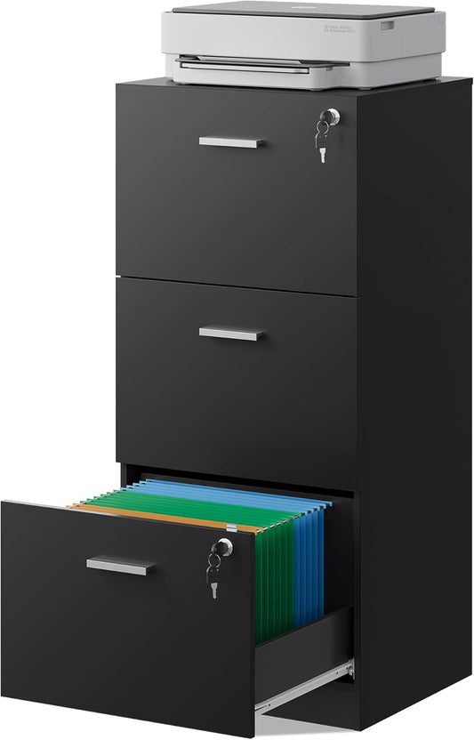 DEVAISE 3 Drawer File Cabinet with Lock, Vertical Wood Filing Cabinet for Home Office, Printer Stand for Letter and A4 Size, Black