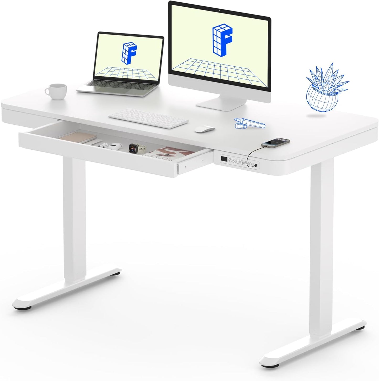 FLEXISPOT Comhar Electric Standing Desk with Drawers Charging USB A to C Port, Height Adjustable 48" Whole-Piece Home Office Computer Laptop Table with Storage (White Top + Frame)